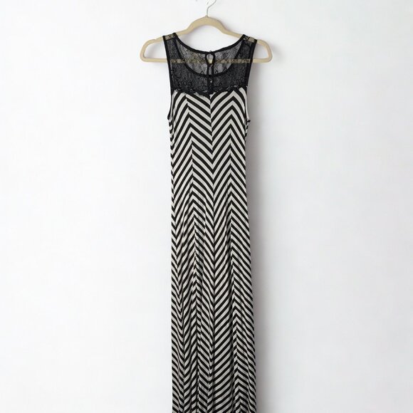 2 For $30 Monteau Lace Black Striped Sleeveless Maxi Dress Medium - Picture 3 of 8